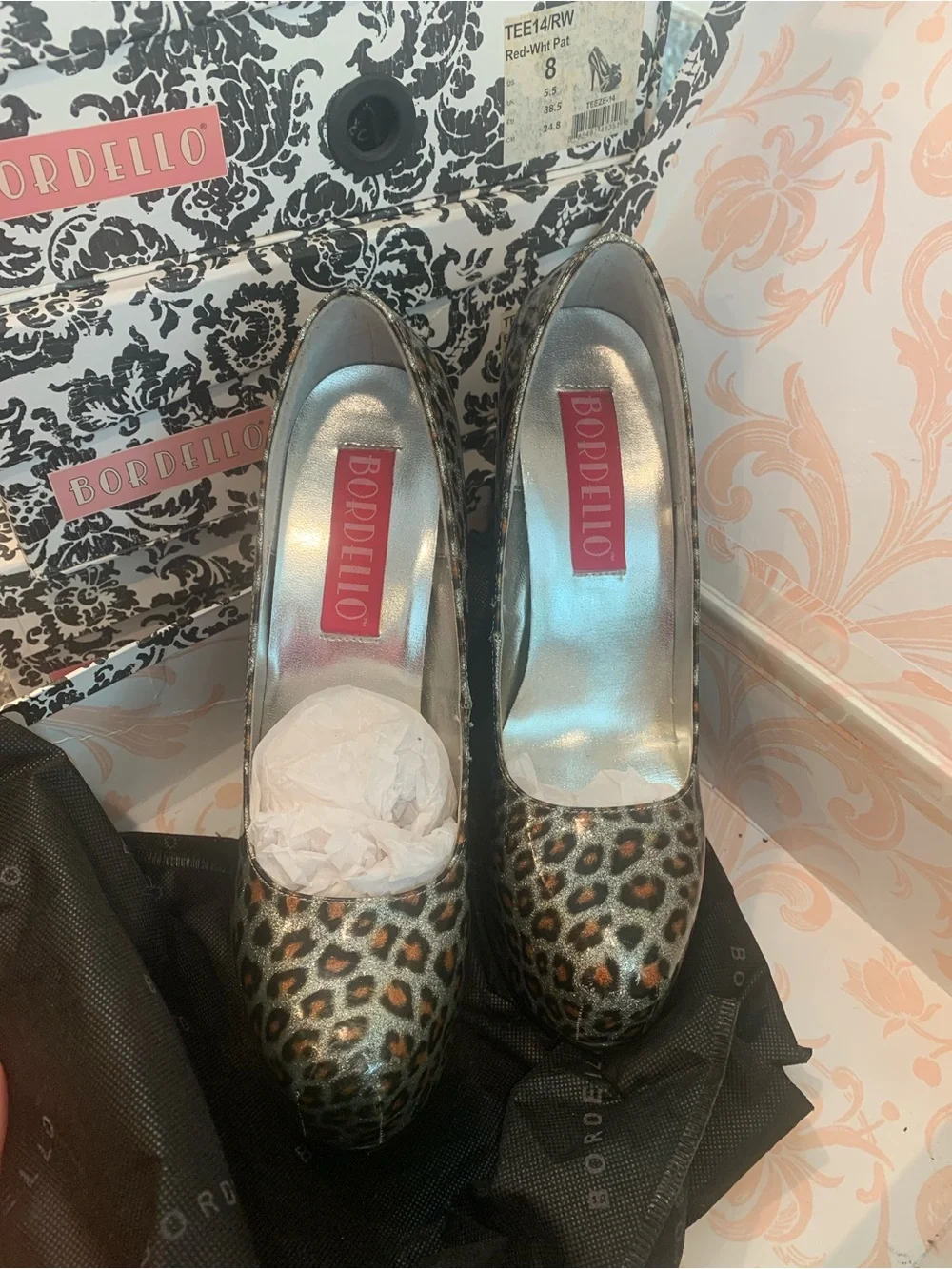 Bordello Metallic Silver Leopard Platform Pumps with Brown Spots